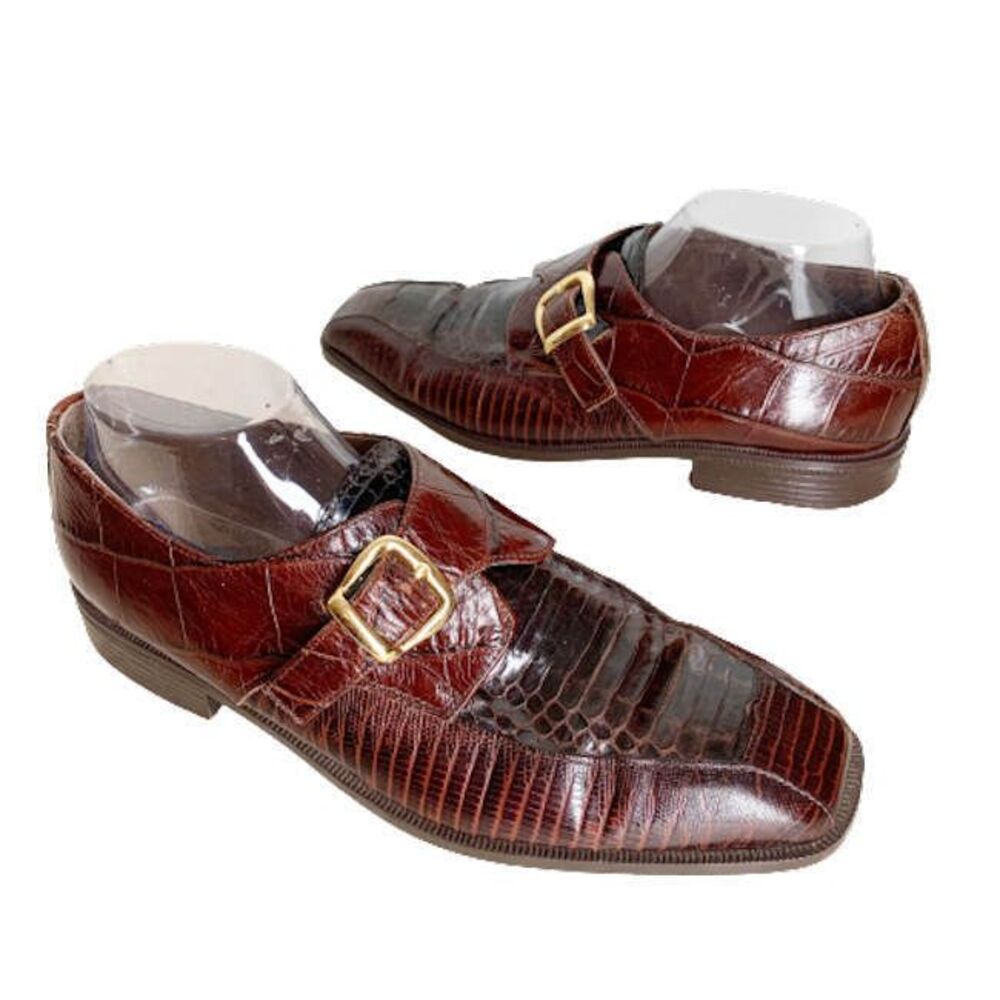 Stacy Adams Monk Strap Mens Dress Shoes Size 9 Genuine Snakeskin Brown Leather - Picture 2 of 12
